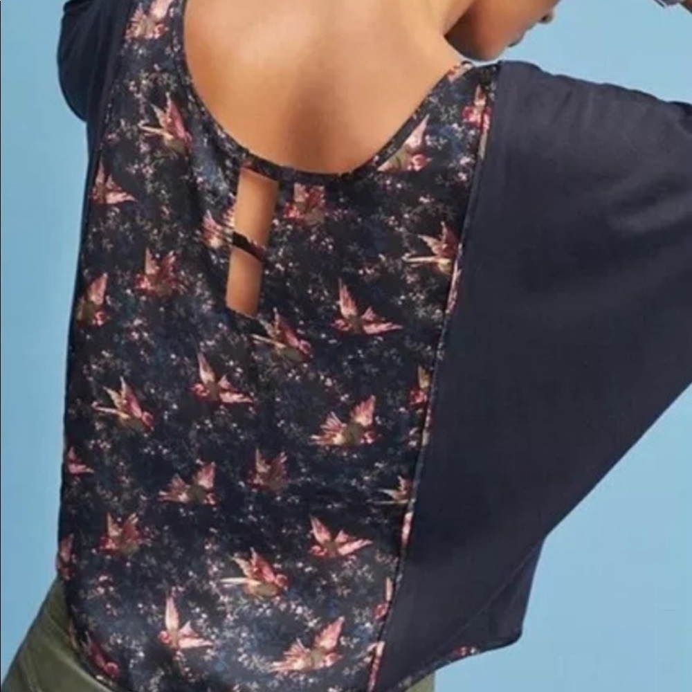 Anthropologie Tiny Floral Navy Bird Crop Top - Picture 2 of 12